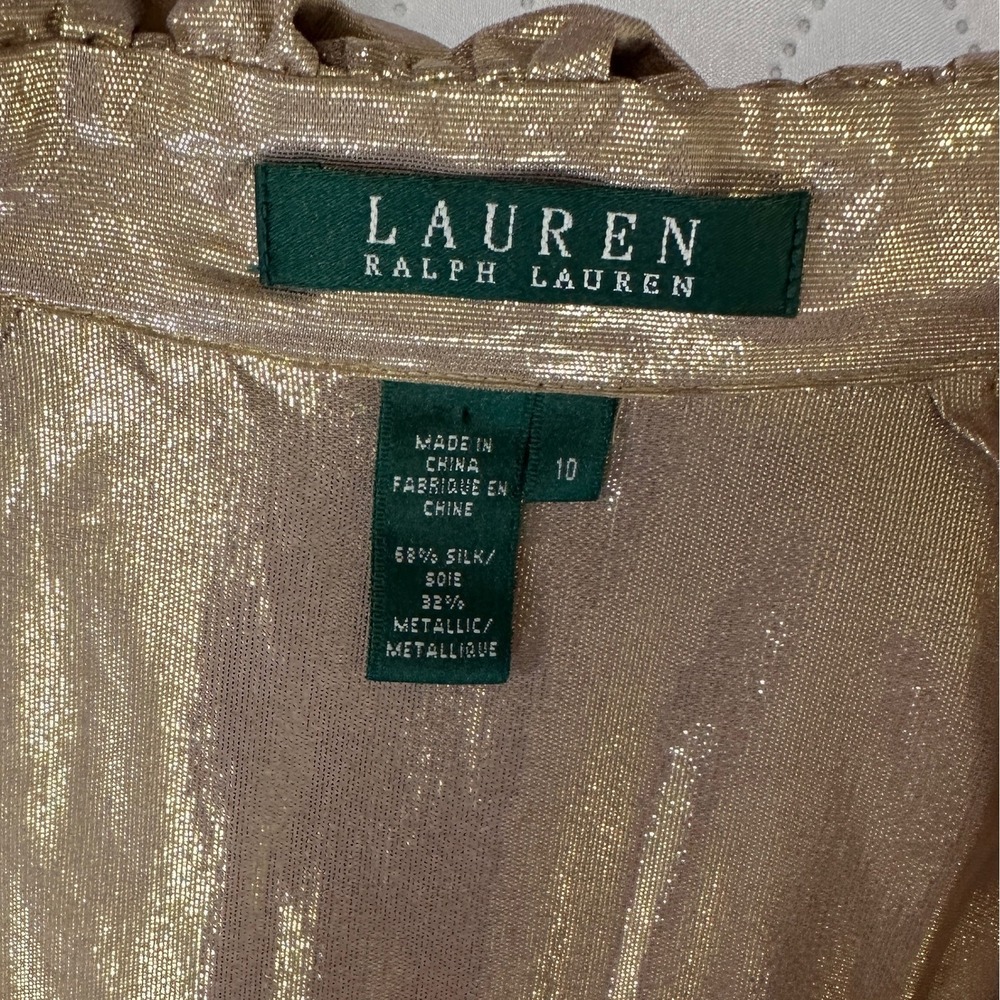 Lauren‎ Ralph Peplum Top Womens 10 Gold NWT Silk blend Metallic Ruffle Blouse - Picture 4 of 8